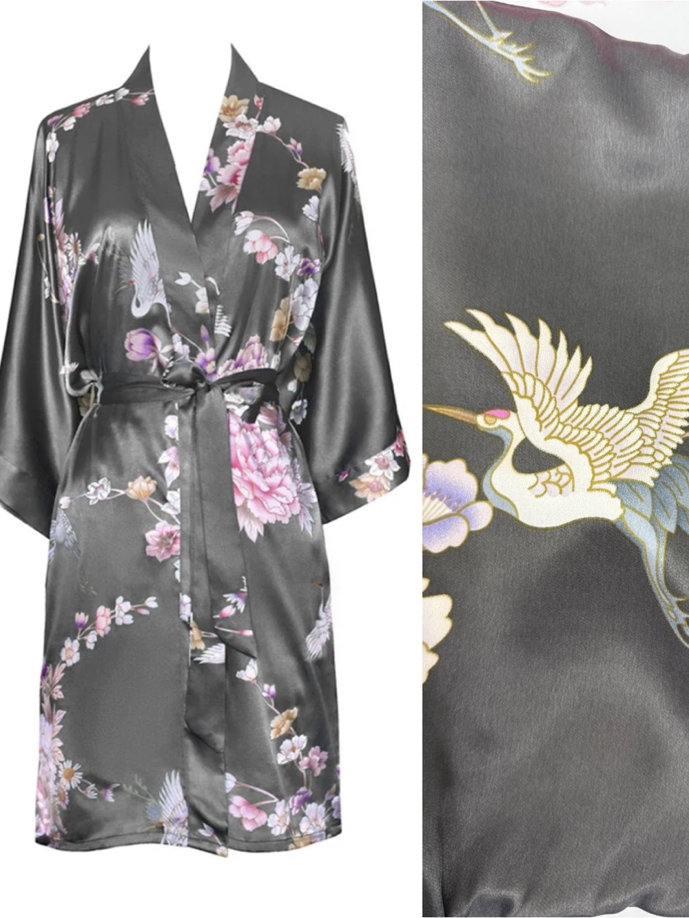 Kim + Ono Chrysanthemum & Crane Short Kimono Robe Gunmetal Satin Floral